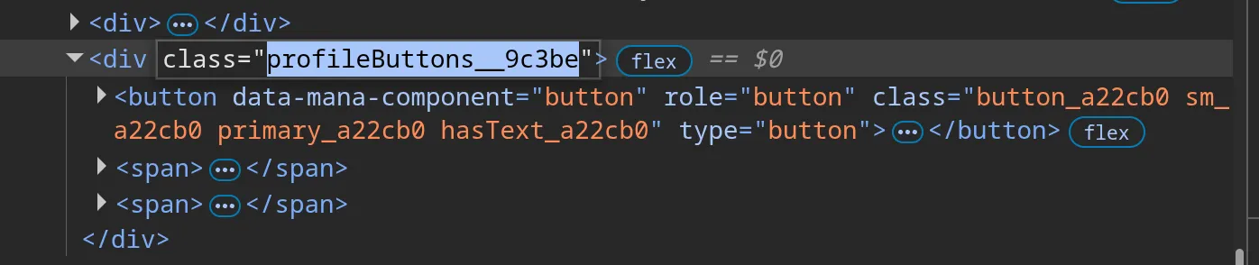 An element is selected — the “profileButtons__9c3be” class is highlighted